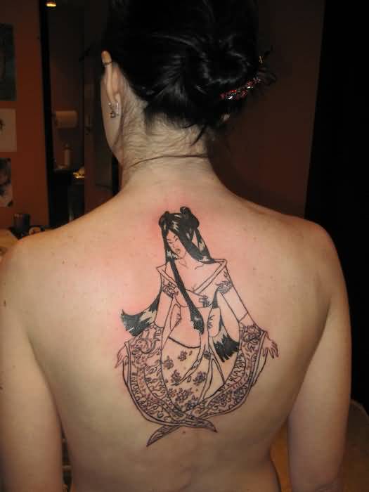 Black Hippie Girl Tattoo On Girl Back