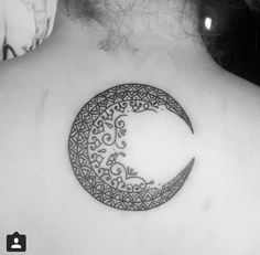 Black Hippie Half Moon Tattoo On Upper Back