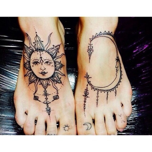 Black Hippie Sun And Half Moon Tattoo On Both Feet