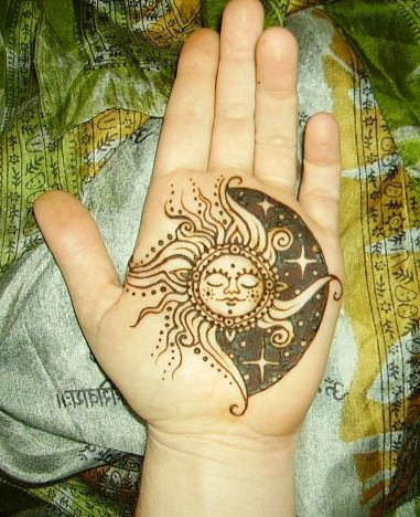 Black Hippie Sun Tattoo On Hand Palm
