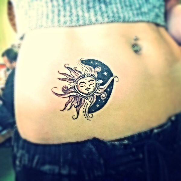 Black Hippie Sun With Half Moon Tattoo Design For Side Rib