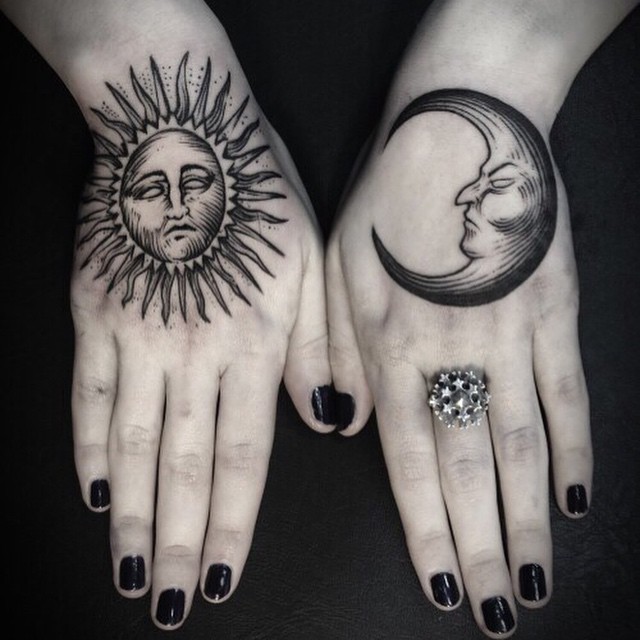 Black Hippie Sun With Half Moon Tattoo On Girl Both Hand