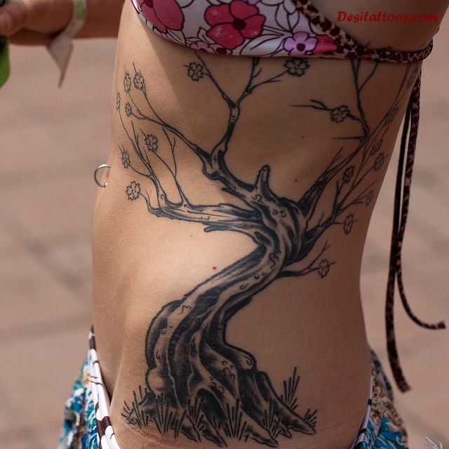 Black Hippie Tree Tattoo Design For Girl Side Rib