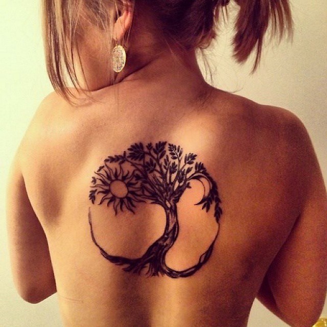 Black Hippie Tree Tattoo On Girl Upper Back