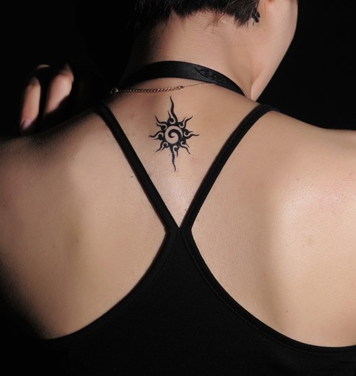 Black Hippie Tribal Sun Tattoo Design For Back Neck