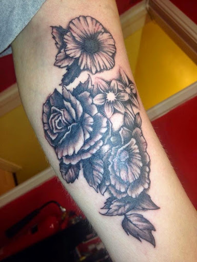 Black Ink Hawaiian Flowers Tattoo Design For Sleeve By Ash