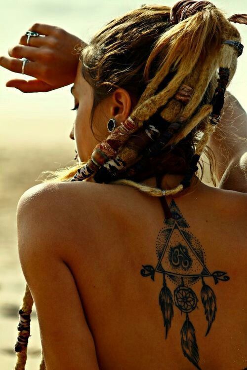 Black Ink Hippie Dreamcatcher Tattoo On Girl Upper Back