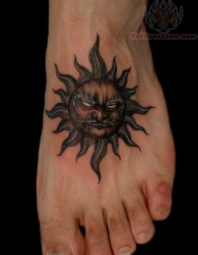 Black Ink Hippie Sun Tattoo On Foot