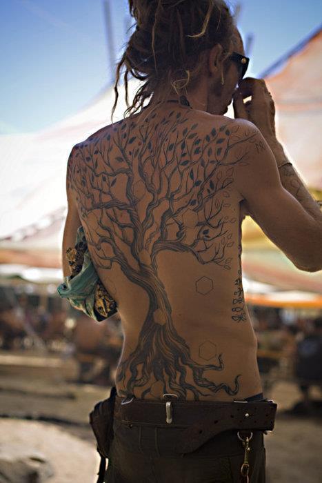 Black Ink Hippie Tree Tattoo On Man Full Back