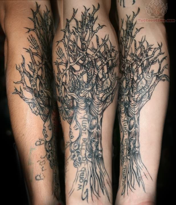 Black Ink Hippie Tree Without Leaves Tattoo Design Sleeve
