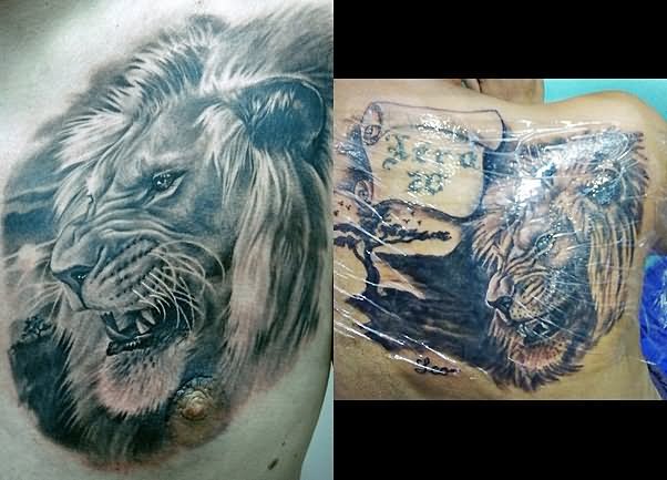 Black Ink Leo Tattoo Design For Guy Back Shoulder