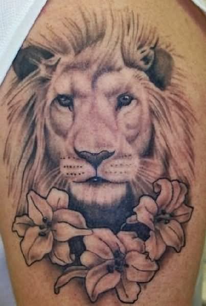 Black Ink Leo With Flowers Tattoo Design For Guy Half Sleeve