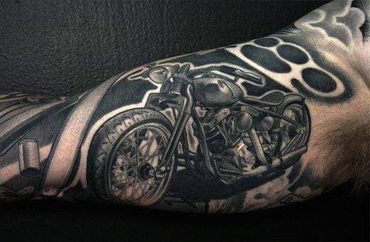 Black Ink Motorcycle Tattoo On Sleeve