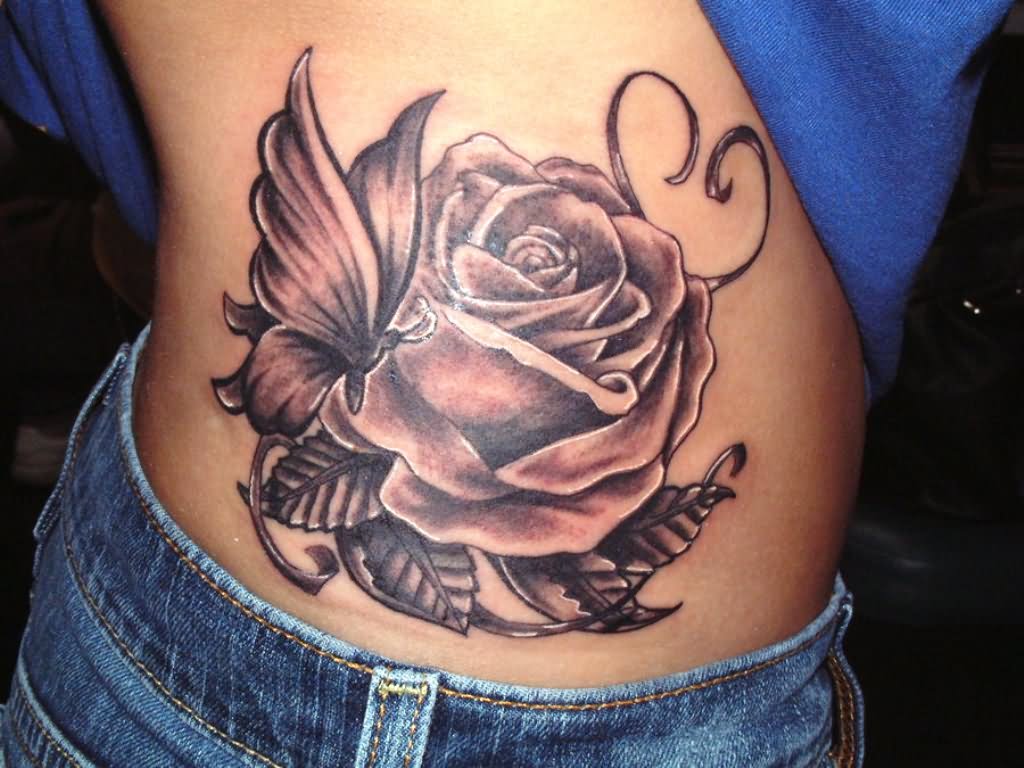 Black Ink Rose Vine With Butterfly Tattoo On Men Side Rib