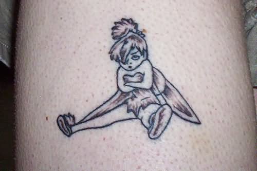 Black Ink Tinkerbell Tattoo Design For Leg