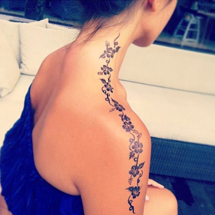 Black Ink Vine Flowers Tattoo On Girl Right Upper Shoulder