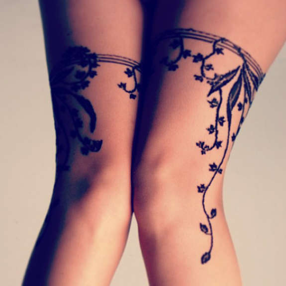 Black Leaves Vine Tattoo Design For Both Thigh