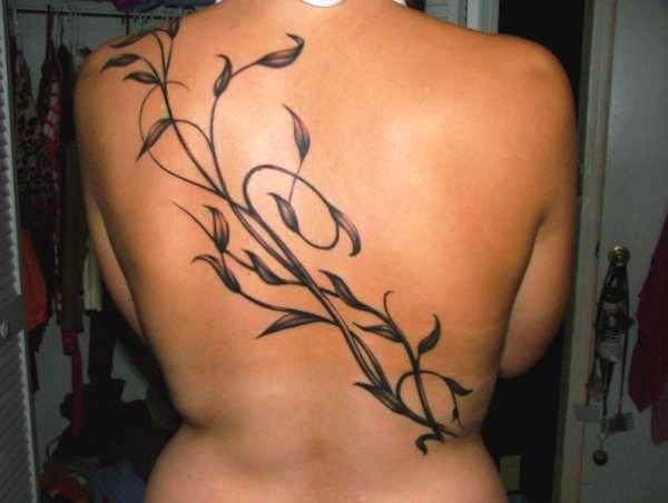 Black Leaves Vine Tattoo On Full Back