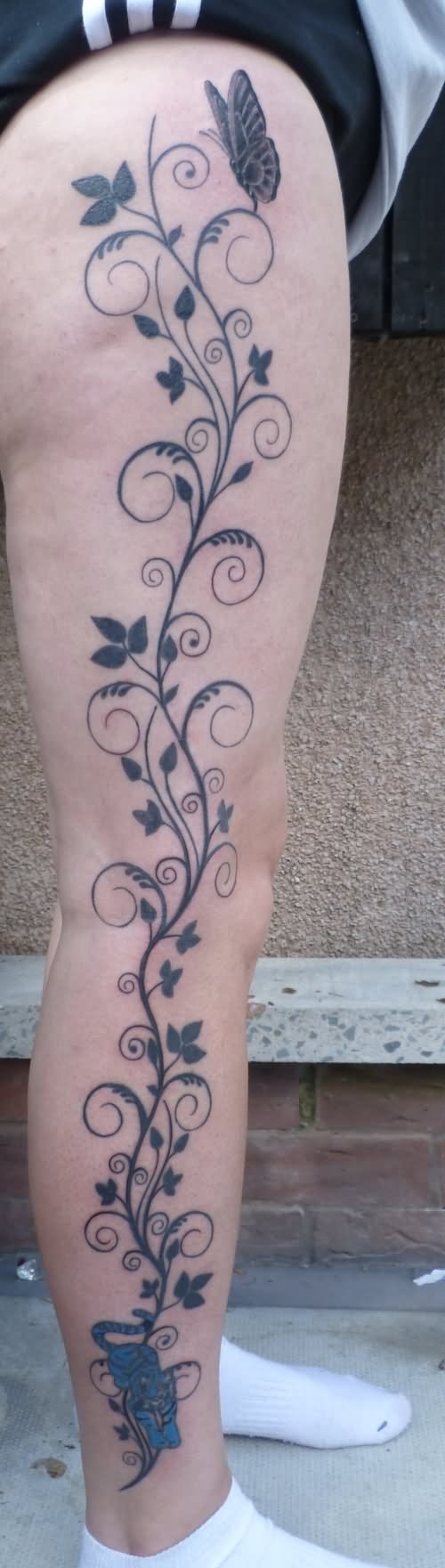 Black Leaves Vine Tattoo On Right Leg