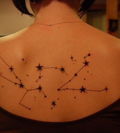 Black Leo Constellation Tattoo On Girl Upper Back