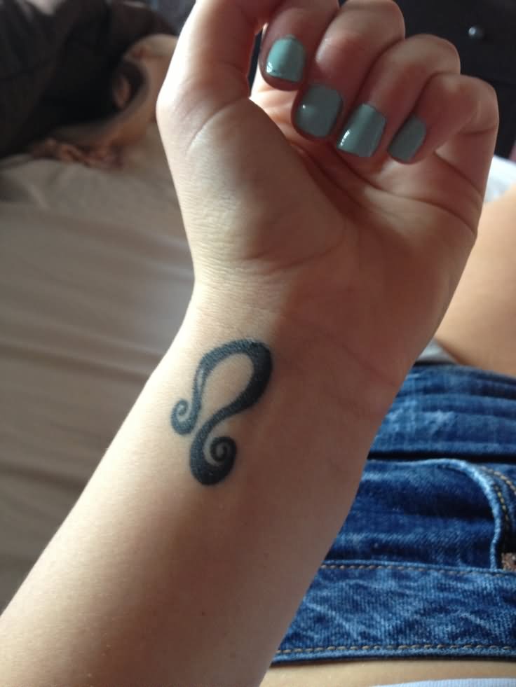 Black Leo Symbol Tattoo On Girl Wrist
