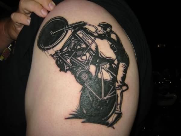 Black Motorbike Tattoo On Left Shoulder
