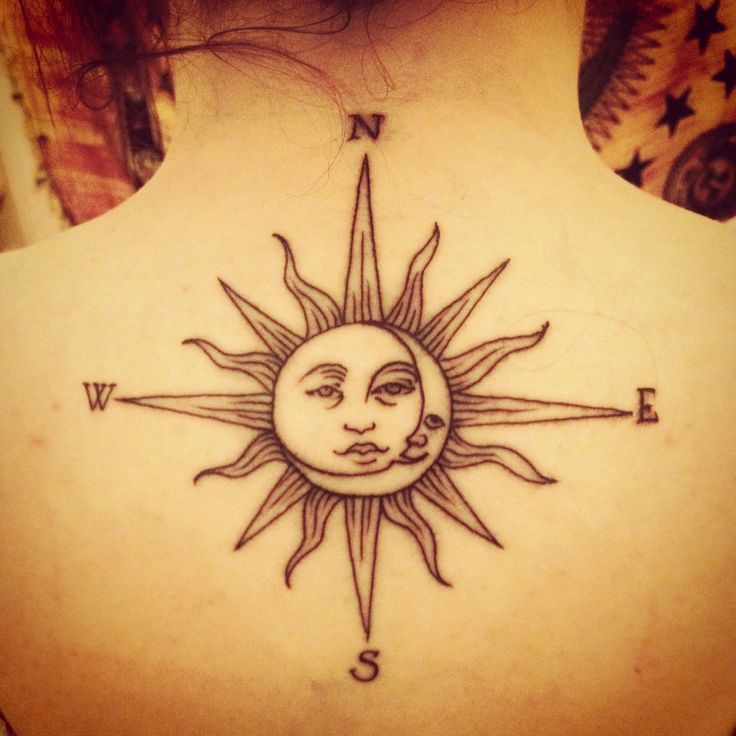 Black Outline Hippie Sun Tattoo On Upper Back