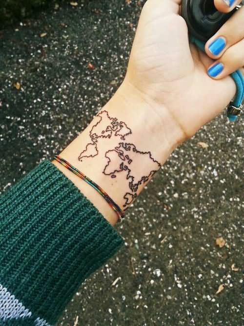 Black Outline Hippie World Map Tattoo On Girl Wrist