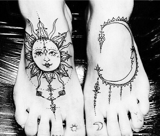 Black Outline Sun And Half Moon  Tattoo On Feet
