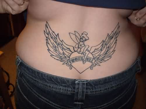 Black Outline Tinkerbell On Heart With Wings And Banner Tattoo On Lower Back