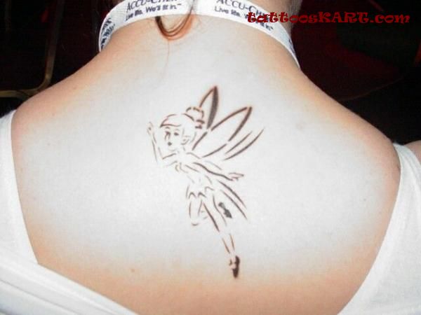 Black Outline Tinkerbell Tattoo Design For Upper Back