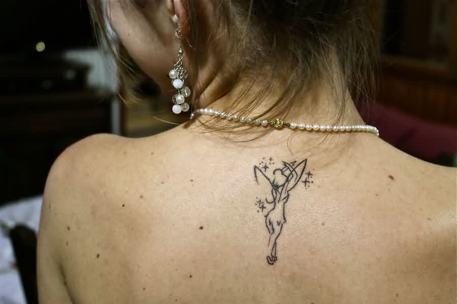 Black Outline Tinkerbell Tattoo On Girl Upper Back