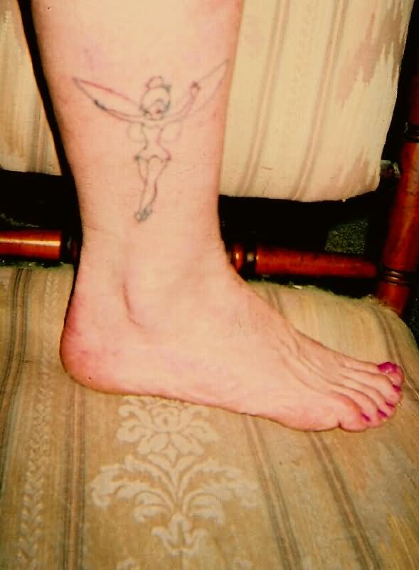 Black Outline Tinkerbell Tattoo On Leg