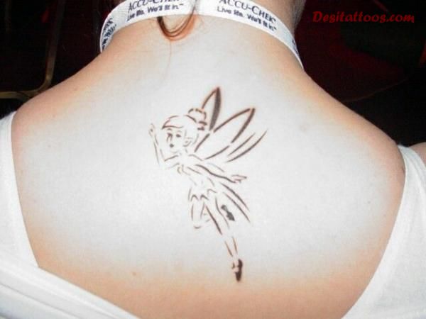 Black Outline Tinkerbell Tattoo On Upper Back