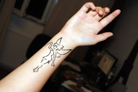 Black Outline Tinkerbell Tattoo On Wrist