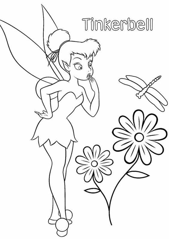 Black Outline Tinkerbell With Flowers Tattoo Stencil