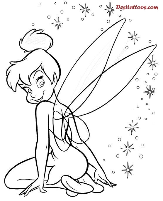 Black Outline Tinkerbell With Stars Tattoo Stencil