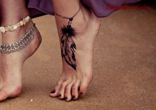 Black Rosary Hippie Feather Tattoo On Girl Foot