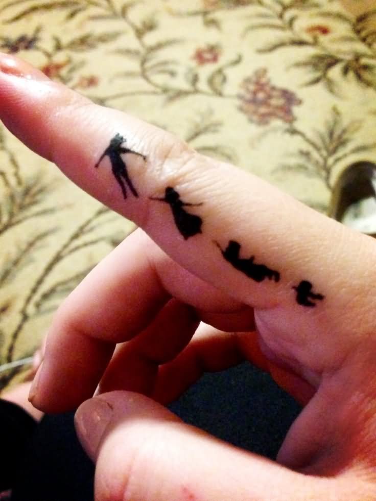 Black Tinkerbell And Peter Pan Tattoo On Finger