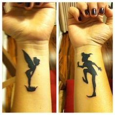 Black Tinkerbell And Peter Pan Tattoo On Girl Both Wrist