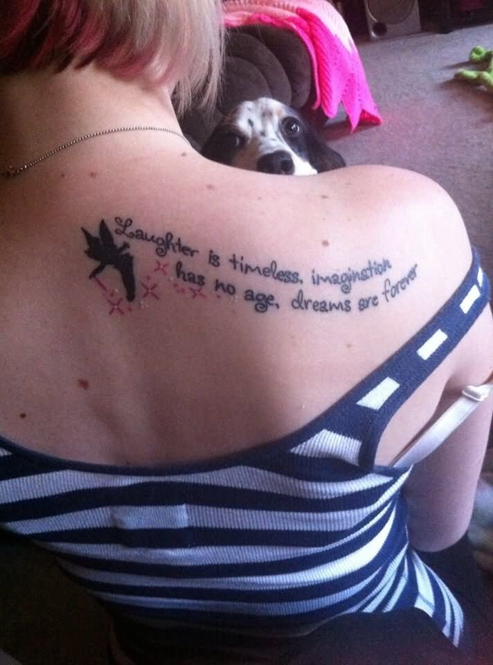 Black Tinkerbell Quotes Tattoo On Girl Right Back Shoulder
