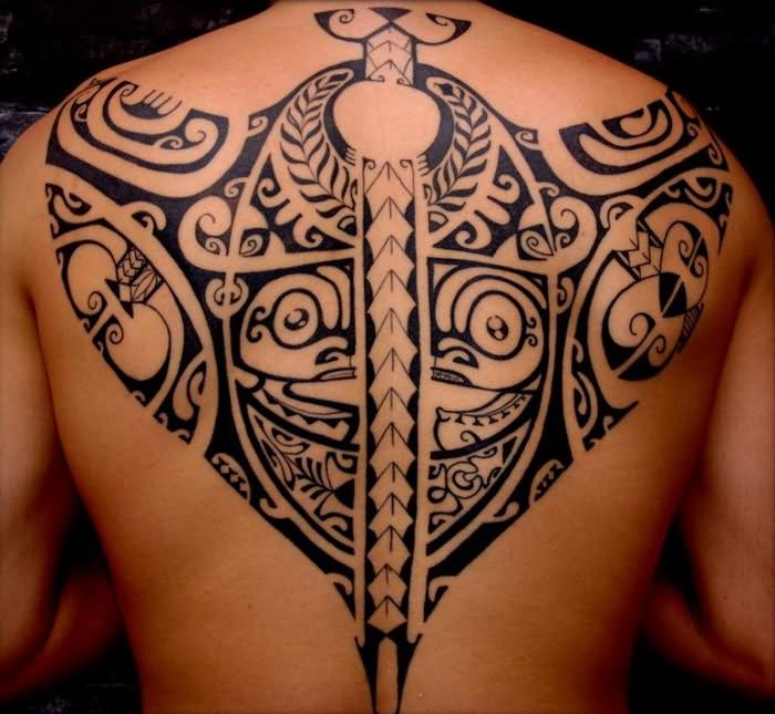 Black Tribal Hawaiian Stingray Tattoo On Upper Back