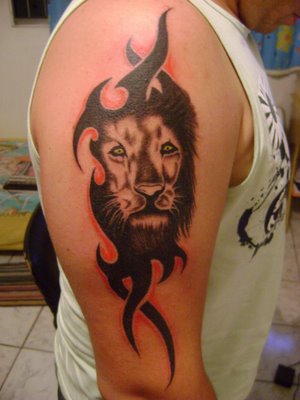 Black Tribal Leo Tattoo On Man Right Half Sleeve