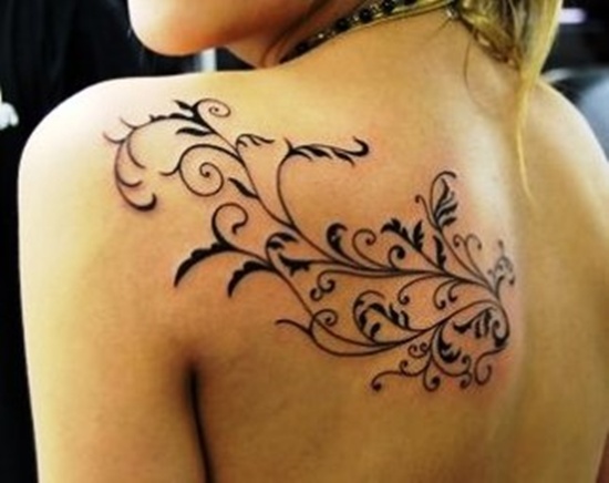 Black Vine Tattoo On Girl Left Back Shoulder