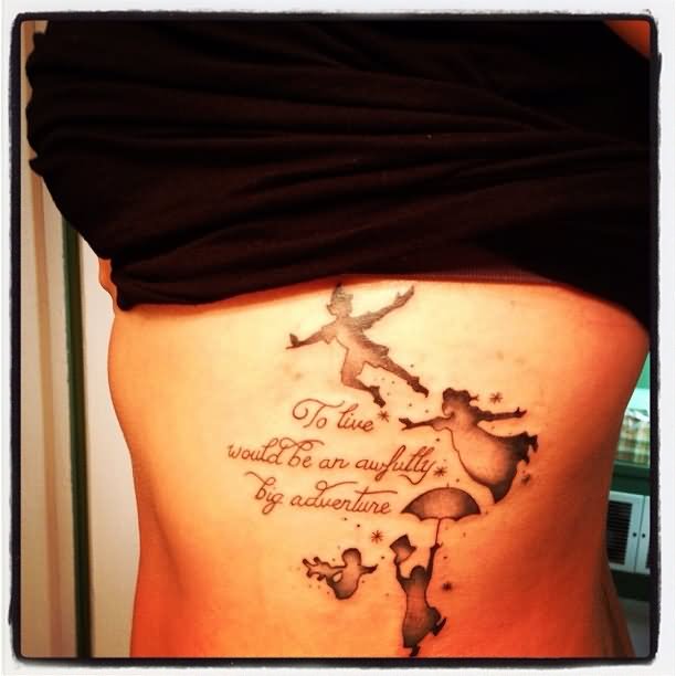 Black Ink Tinkerbell And Peter Pan Tattoo On Girl Side Rib