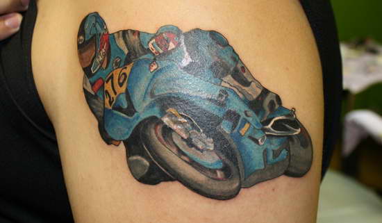 Blue Motorcycle Tattoo On Man Left Shoulder