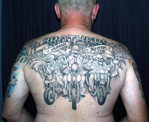 Brothers Motorcycle Riders Tattoo On Back