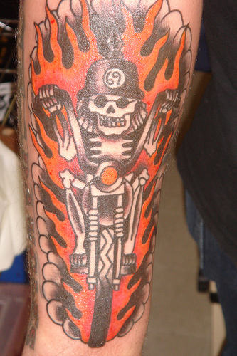 Burning Motorcycle Tattoo On Arm