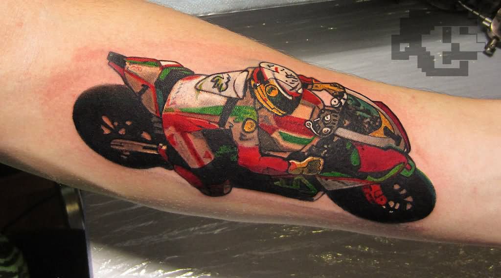 Colored Motorbike Tattoo On Arm Sleeve
