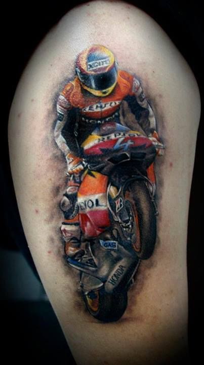 Colored Motorcycle Rider Tattoo